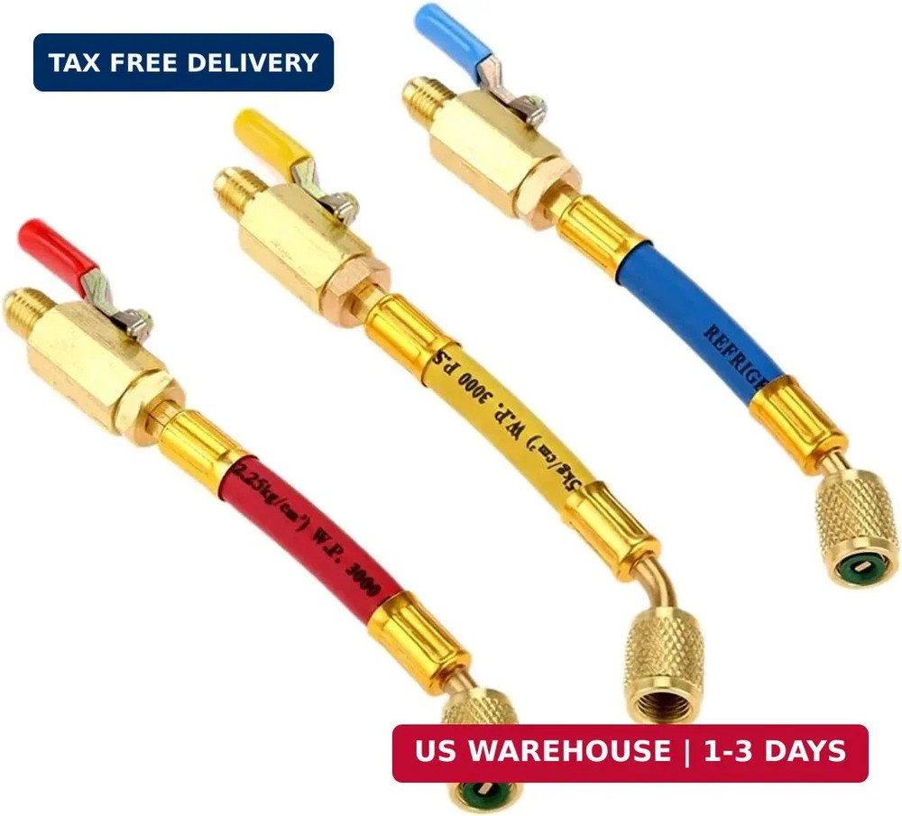 3pcs AC Charging Hoses with Ball Valves 1/4″ SAE for R134A R410A R22 R12 HVAC