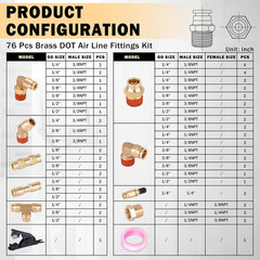 76 Pcs Brass DOT Air Line Fittings Kit Push Lock Air Fittings Push to Connect Fi