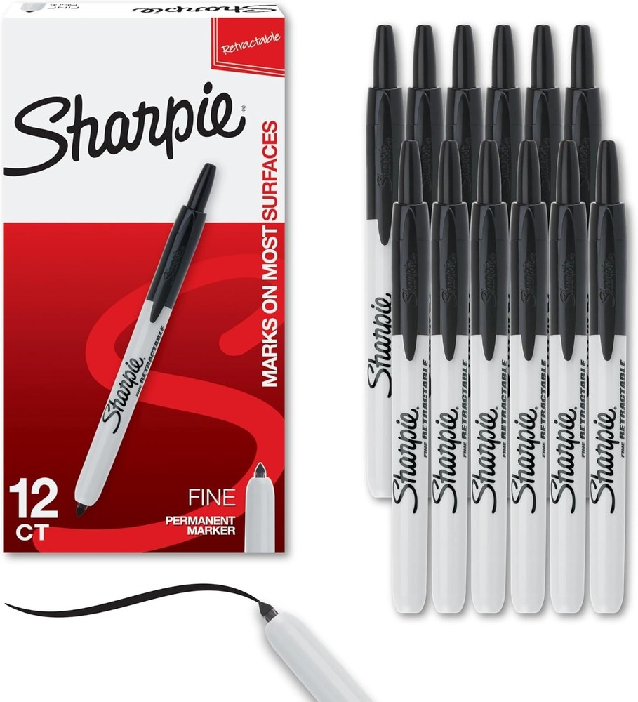 SHARPIE 32701, Retractable Permanent Markers, Fine Point, Black, 12 Count Box