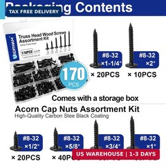 170 Pcs #8 Black Wood Screws Assortment Kit, Pan Head Self Tapping Screws, 6 Siz