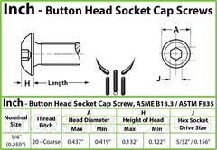 1/4-20 Stainless Steel Button Head Socket Cap Screws, SAE Coarse Thread 18-8 A2