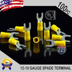 100 Pack 12-10 Gauge Vinyl Spade Fork Crimp Terminals #10 Stud Tin Copper Core
