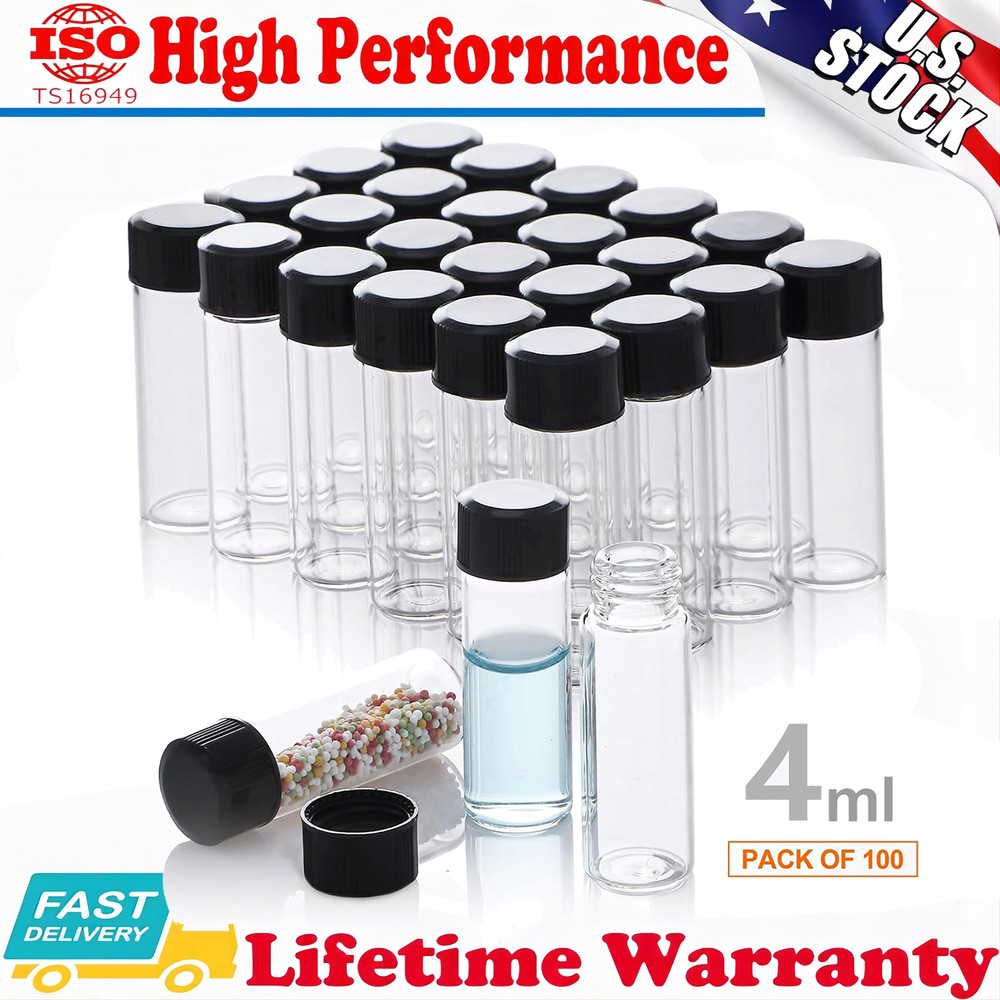 4ml Clear Glass Vials w/ Screw Caps and Plastic Stoppers 1 Dram Sample Vial 100x