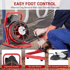 75FT x 1/2 Inch Drain Cleaner Machine Manual Feed with Cutters & Foot Switch Red