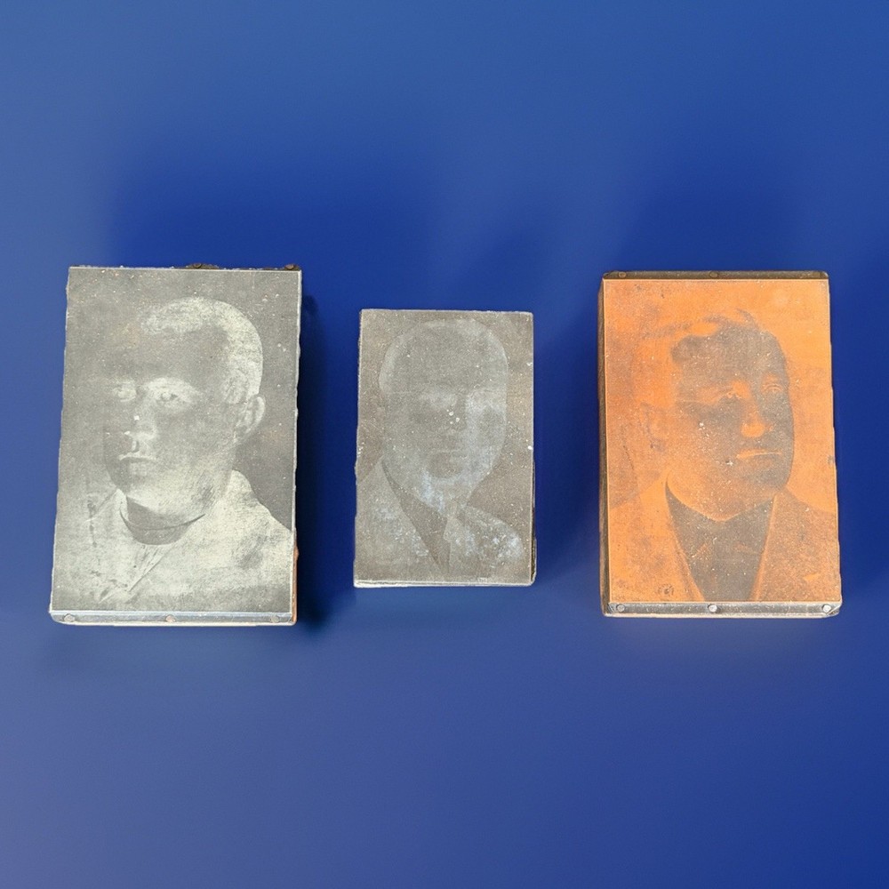 Vintage Male Portrait Printing Blocks Lot 3 Letterpress Printer Cuts Zinc
