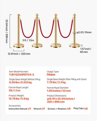 4-8 Pcs Gold Stanchion Post 2/3/4/6 Ropes/Belts Sand Injection Hollow Base