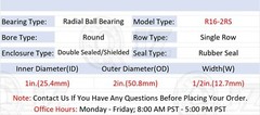 [Qty.8] New R16-2RS Deep Groove Radial Ball Bearing [25.4mm x 50.8mm x 12.7mm]