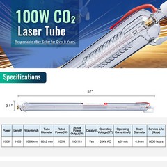OMTech 100W CO2 Laser Tube for 20×28″ 35×24″ Laser Engraver Peak 115W 145cm 8cm