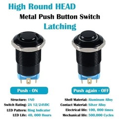 12mm Latching Push Button Switch Metal Shell Black 12V 24V 4 Pin 1NO Waterproof