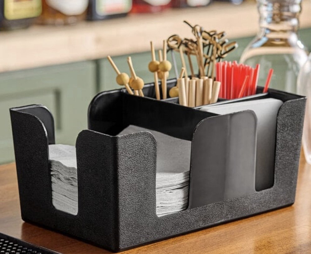 Choice 6-Compartment Bar Caddy Black Plastic Countertop Organizer Napkins Straws