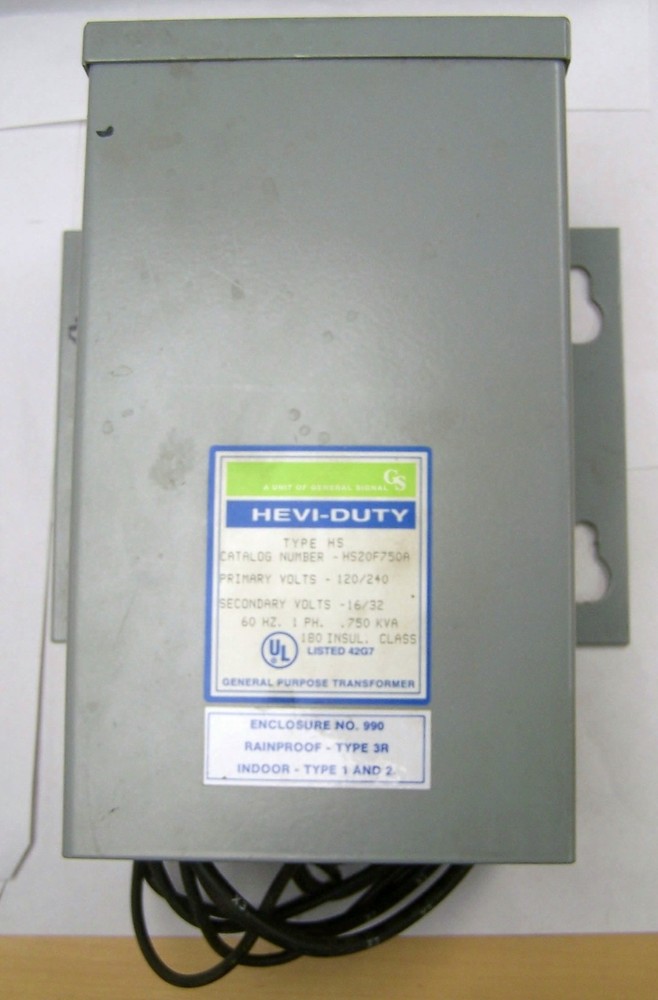 GS HEVI-DUTY HS20F750A TRANSFORMER 0.75 kVA PRI 120/240V SEC 16/32V 1PH USED