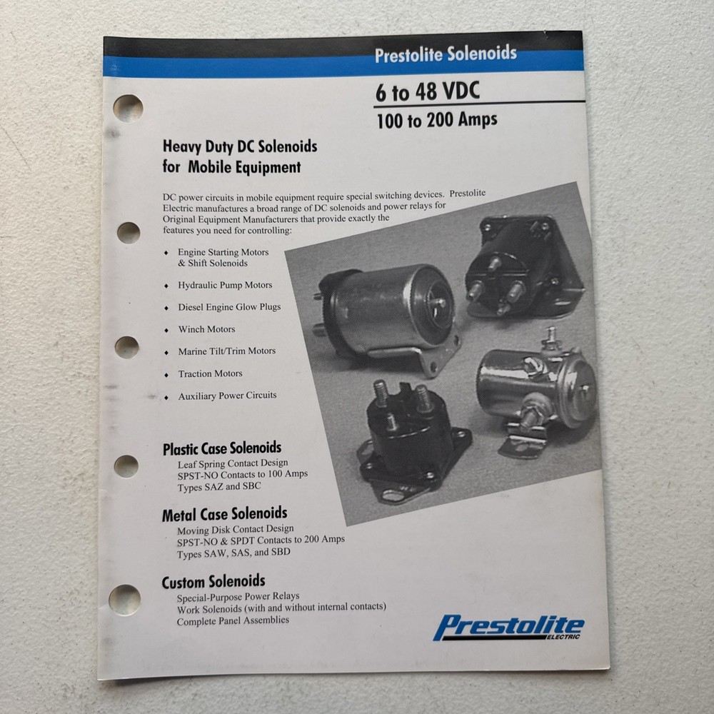 Prestolite Electric Solenoid 6 To 48 VDC 100 To 200 Amps Sales Brochure Catalog