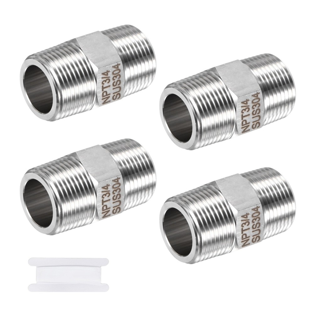 4-Pack 304 Stainless Steel 3/4″ NPT Male x 3/4″ NPT Male Hex Nipple Pipe Fitting