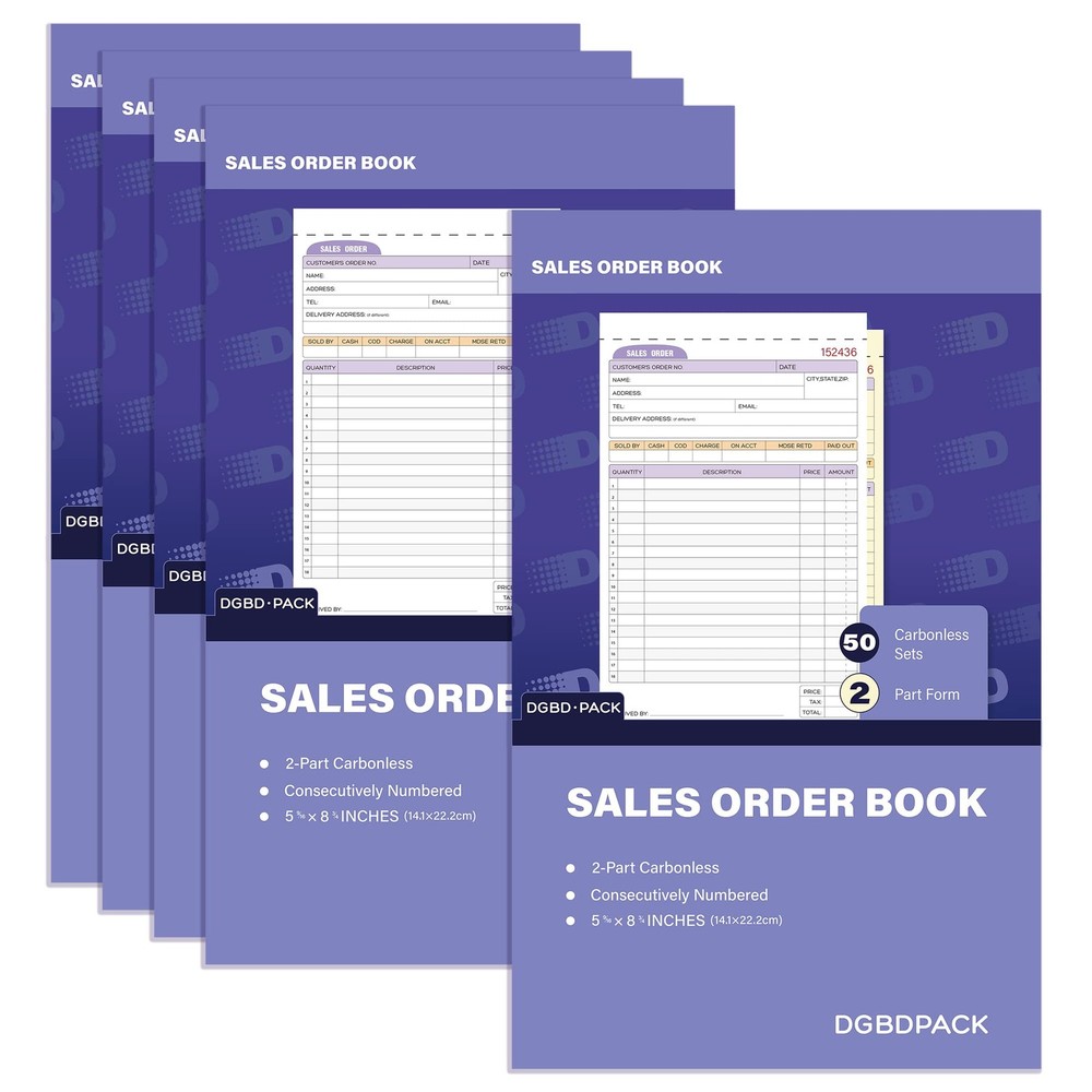 5 Pack Sales Order Book 2 Part Carbonless Invoices 50 Sets per Book White