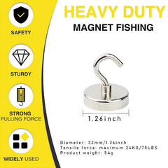 1pc N52 Neodymium Magnet Hook: Super Strong Fishing Salvage Round D42mm – NEW