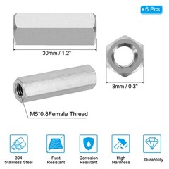 6Set M5 x 0.8 Pitch 30mm Length Stainless Steel Coarse Hex Coupling Nut