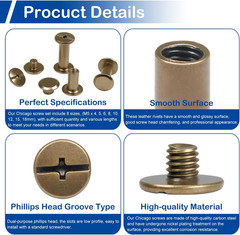 130Sets Chicago Screws Kit, Bronze Screw Rivets, 8 Sizes Carbon Steel Binding Sc