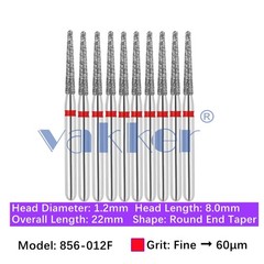 10/Pk Dental Round End Taper Diamond Burs 856-012F Friction Grip Burs Fine Grit