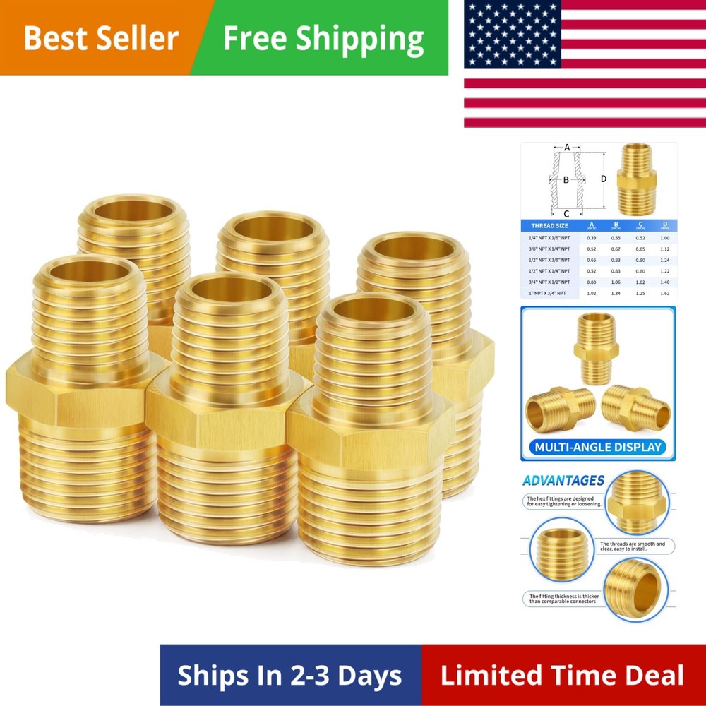 Brass Pipe Fitting, Reducer Hex Nipple 1/2″ NPT Male x 1/4″ NPT Male Thread A…