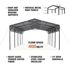 Powder Coated 20x20ft Carport 400 SqFt 10ft Open Walls 27GA Steel