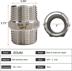 4PCS Hex Nipple 1″ x 1″ Male Pipe Fittings, 304 Stainless Steel 1 inch NPT Male