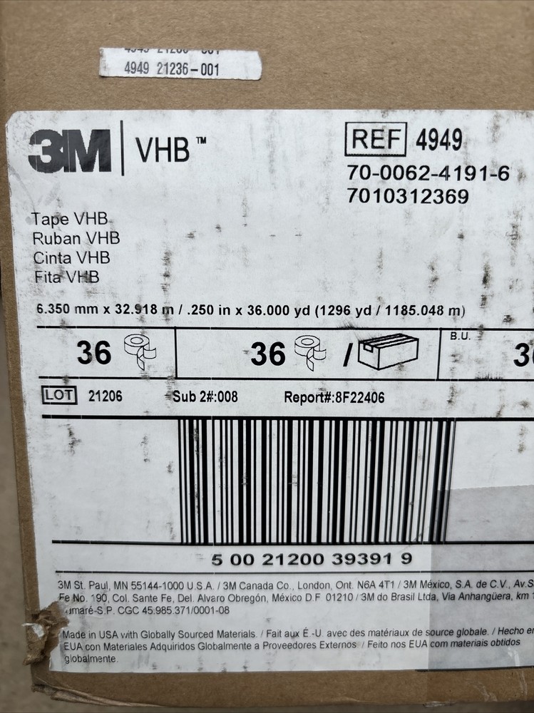 3M™ VHB™ Tape 4949 Black, 0.250in x 36 yd Double Side Structural Adhesive