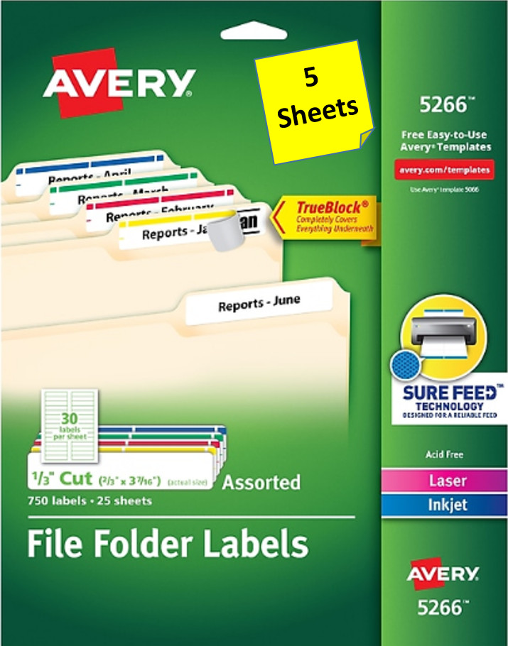 [5 Sheets-1 of each Color] Avery 5266 Assorted 1/3 Cut File Folder Labels
