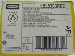 Hubbell HBL8300RED Duplex Receptacle, 20A, 5-20R, 125V HOSPITAL GRADE