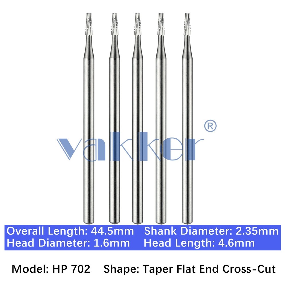 Vakker 5pc Dental HP 702 Carbide Burs Taper Flat End Cross-Cut 2.35mm Shank