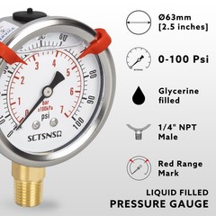 SCTSNSR 0 to 100 Psi Pressure Gauge, Glycerin Liquid Filled, 2.5 0-100 PSI