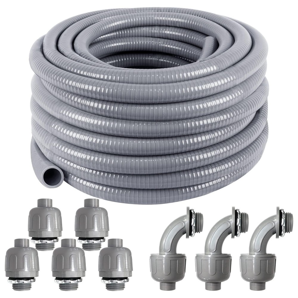 Liquid-Tight 1/2″ Flexible Conduit Kit, 50ft with 8 Connectors, UL Certified