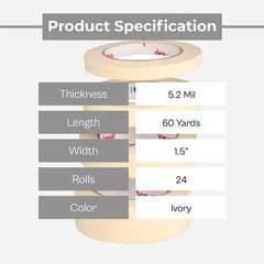 Ivory General Masking Tape 1 1/2″ x 60 Yards 5.2 Mil, Industrial Tape 24 Rolls