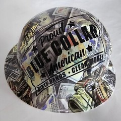 full brim hard hat custom hydro dipped IN BLUE COLLAR DIRTY HANDS CLEAN MONEY