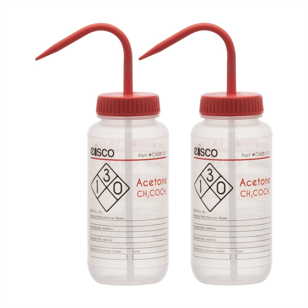 2PK Acetone Wash Bottle, 500ml – Wide Mouth, Pre-Labeled – LDPE – Eisco Labs