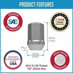 M14 x 1.5 Chrome Lug Nuts 22mm Hex 60 Degree Conical Taper Seat 1 Pc