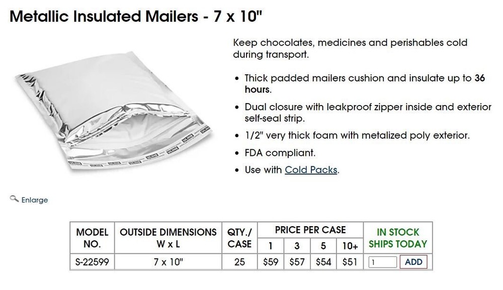 Metallic Insulated / Padded Mailer – 7 x 10” – Uline S-22599 – Case of 25