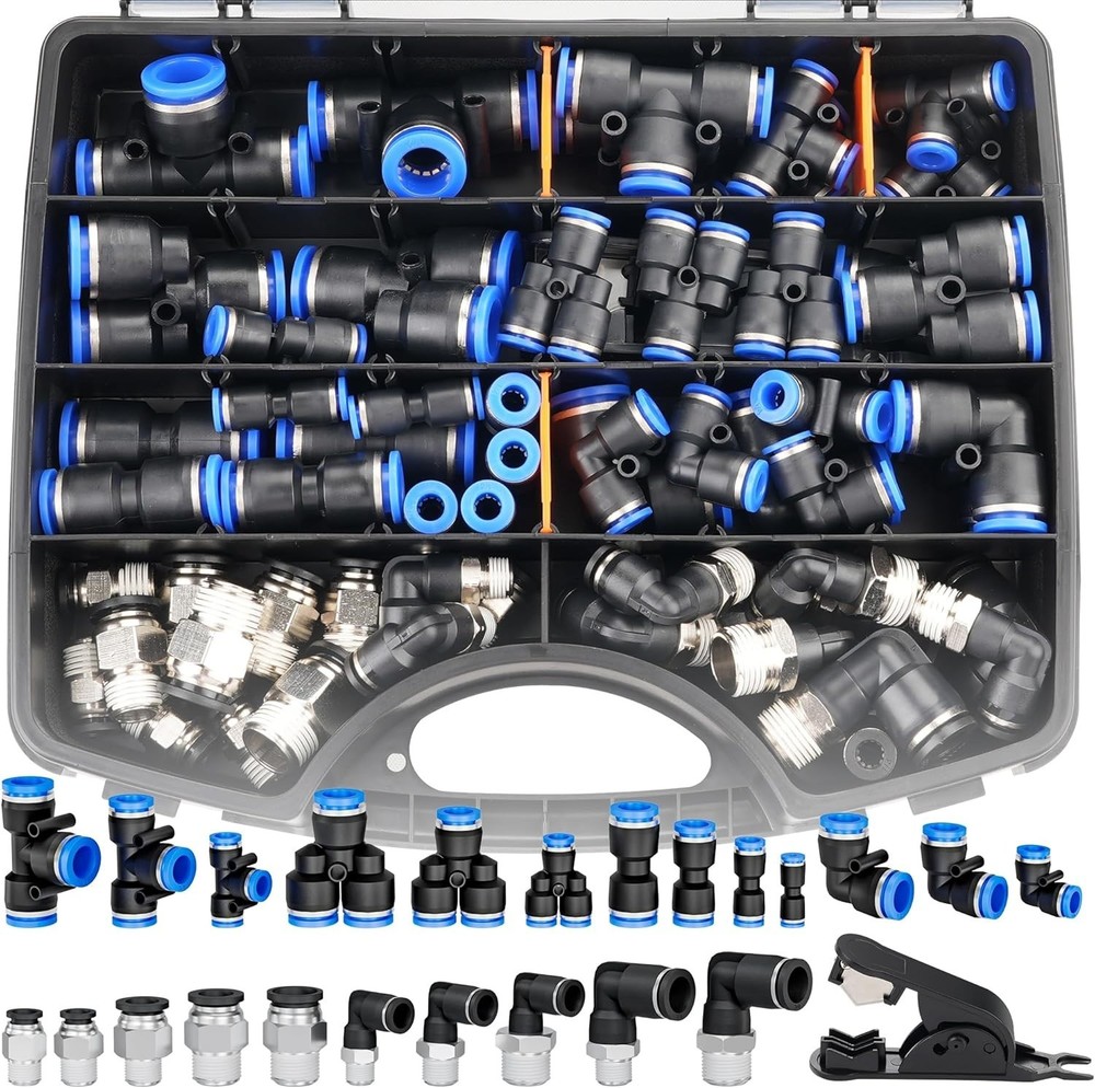 60 Pieces Push to Connect Fittings 1/8”, 1/4”, 3/8”, 1/2” for Air Line Tube, Qui