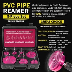 9PCS PVC Pipe Reamer Kit for Standard 1/2″ Drills, Fits 1/2″ to 4″ Pipes