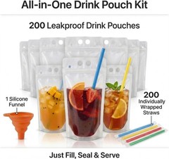 200 Drink Pouches with Straws – Reclosable for Parties