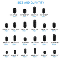 440Pcs 22 Sizes,4#-40 to 1/4″-20 Standard SAE Allen Head Socket Hex Grub Screw A