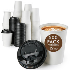 Vplus 500 Pack 12 OZ Paper Coffee Cups With Lids, Disposable 12 OZ, White