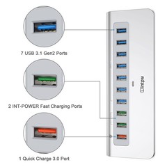 Powered USB Hub 10Gbps, 10 Port USB 3.1 Gen 2 Hub with 7 USB 3.1 Data Ports, …