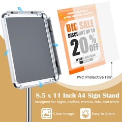 Sign Holder Stand 8.5 x 11 Inch w/ Snap-Open Frame & 360° Rotation for Malls