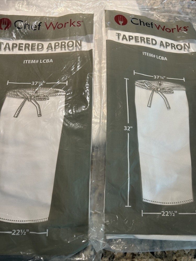 Tapered Aprons Set Of 2 White Chef Works LCBA Polycotton Reversible Durable NWT