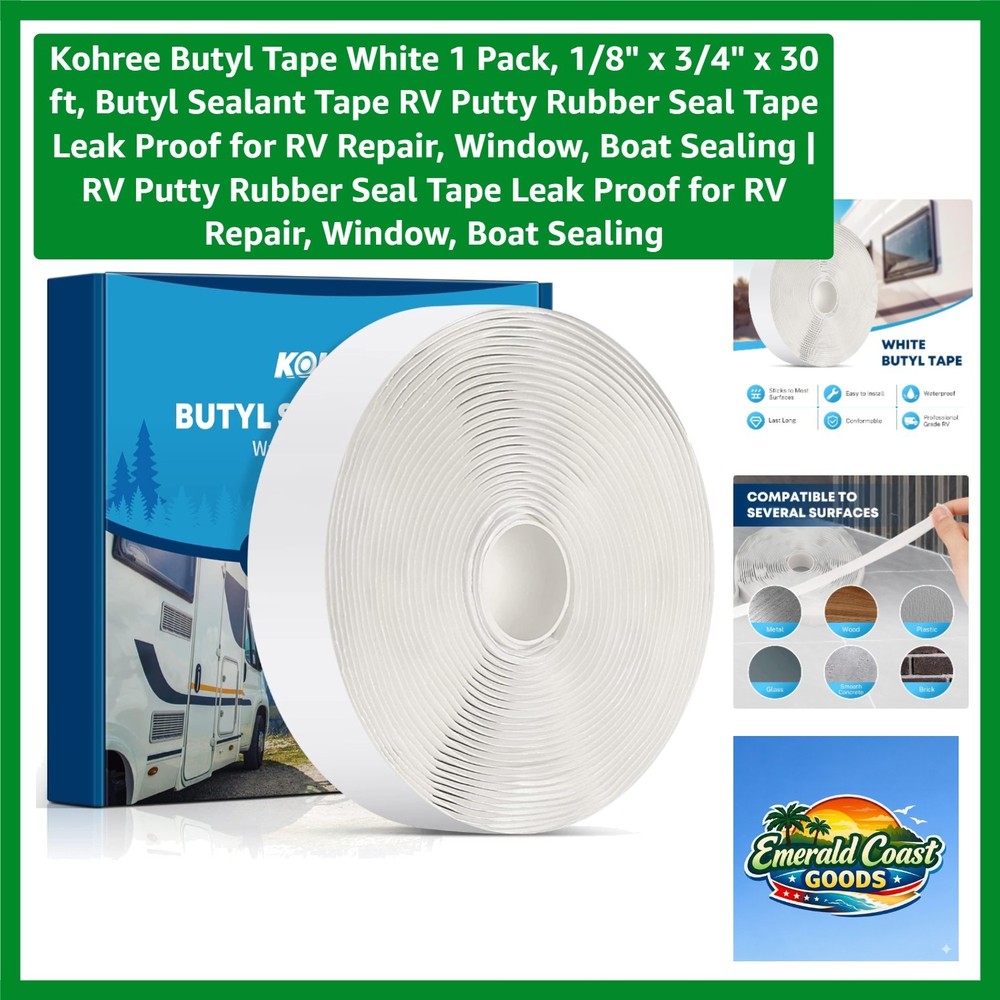 Butyl Tape White 1 Pack, 1/8″ x 3/4″ x 30 ft, Butyl Sealant Tape RV Putty Rub…