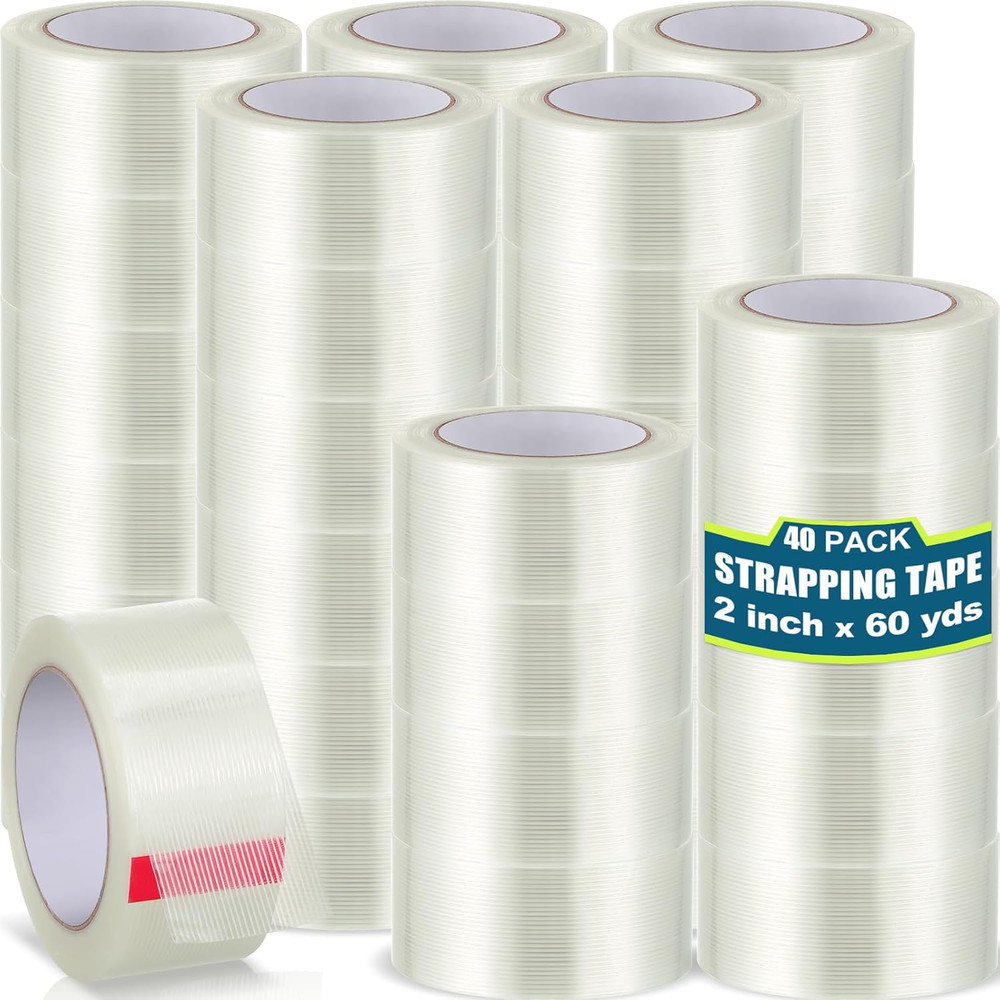 40 Rolls Strapping Tape Bulk 2 Inch X 60 Yards 5.5 Mil Fiberglass Filament Tape