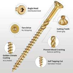 x 4 in Multi-Purpose Wood Deck Screw for Interior and Exterior,Bugle Head,Gol…
