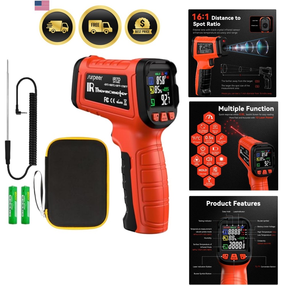 Infrared Thermometer Temperature Gun -58°F to 1796°, 16:1 Non Contact Laser T…