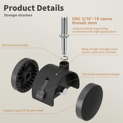 Durable 2″ Nylon Stem Casters with Brake, 4 Pcs – Ideal for Furniture Mobility