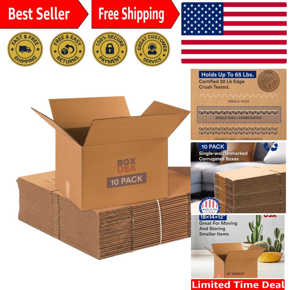 Versatile 10-Pack Medium Moving Boxes 18″L x 14″W x 12″H – Eco-Friendly & Strong